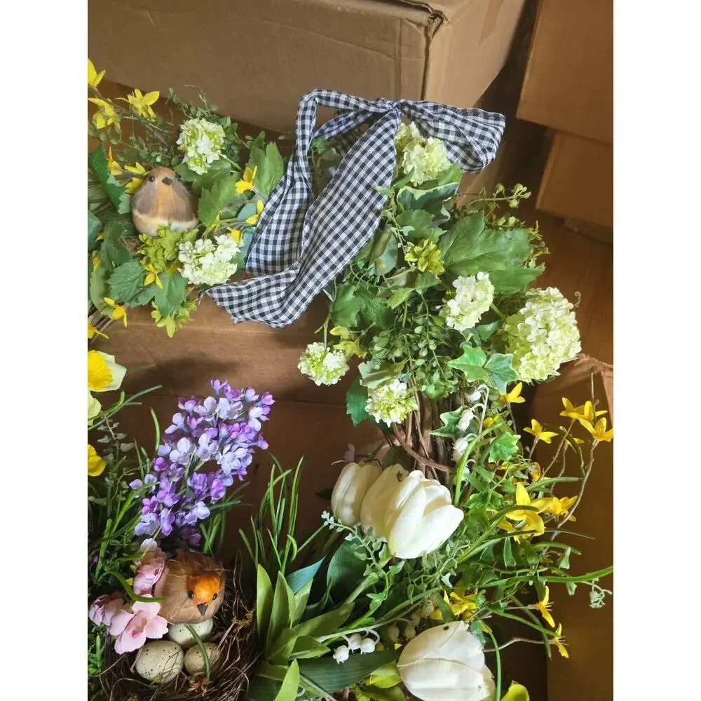 Handmade Easter Spring Wreath Tulips Daisy's Bird nest Ivy Flowers 24
